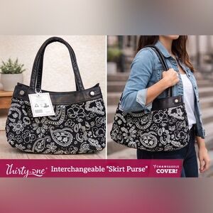 Thirty-One Black & White Paisley Skirt Purse Interchangeable Cover Shoulder Bag